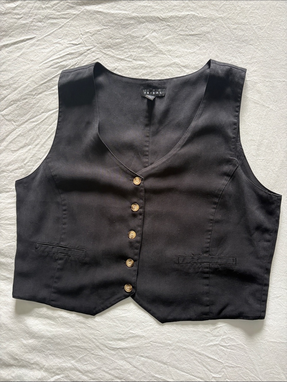Tribal Structured Black Button Up Vest - 100% Lyocell - Size M
